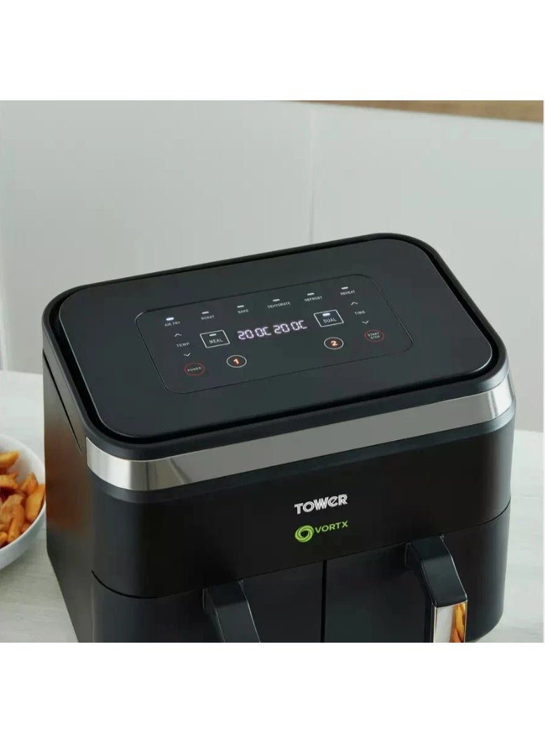 تاور لاية هوائية تاور فورتكس فيجن سعة 8 لتر بسلتين مزدوجتين – تحكم رقمي ذكي – طهي صحي بدون زيت – أسود - Image 1